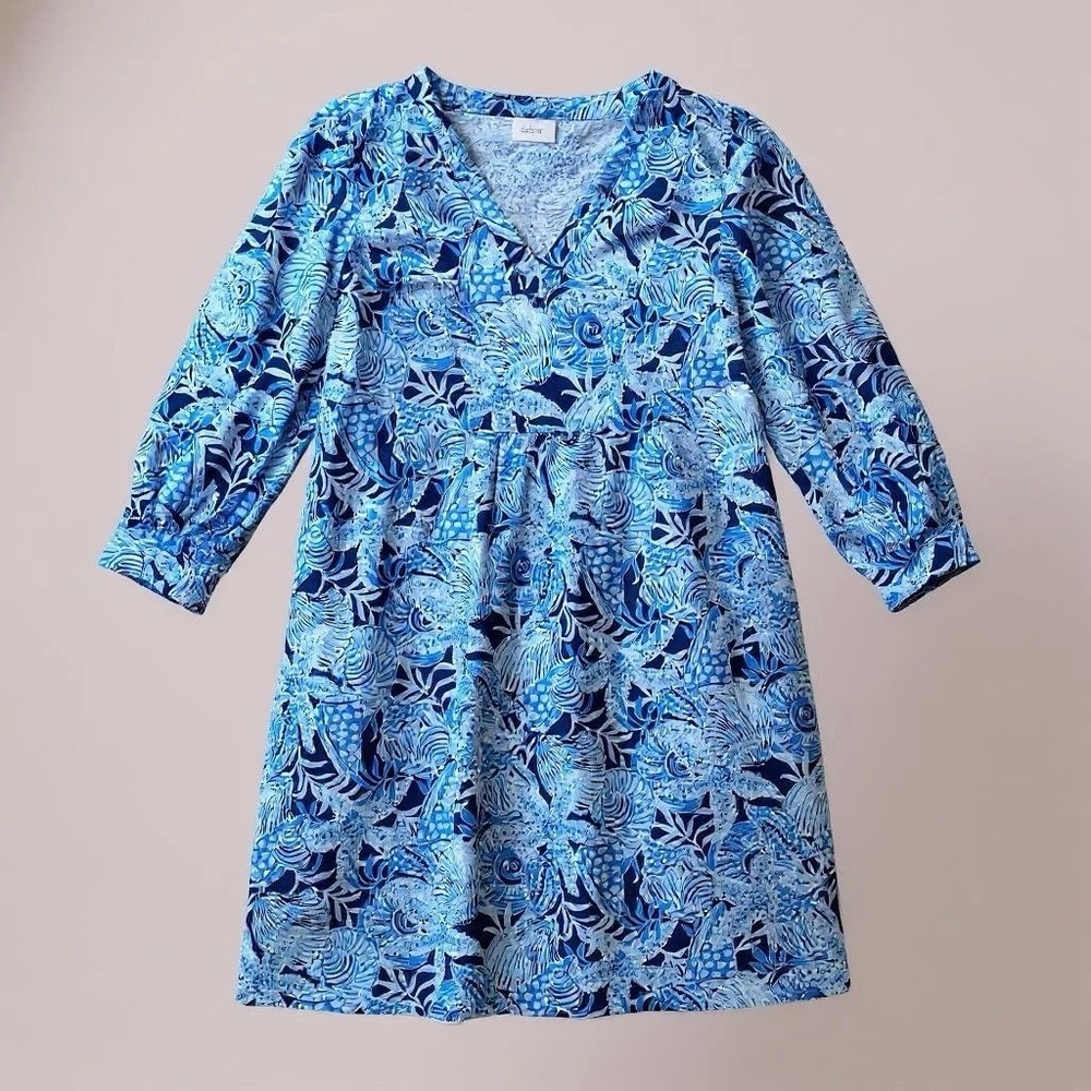 Lilly Pulitzer Mini Cass Dress XS Blue Seashells Starfish Long Sleeve Resort